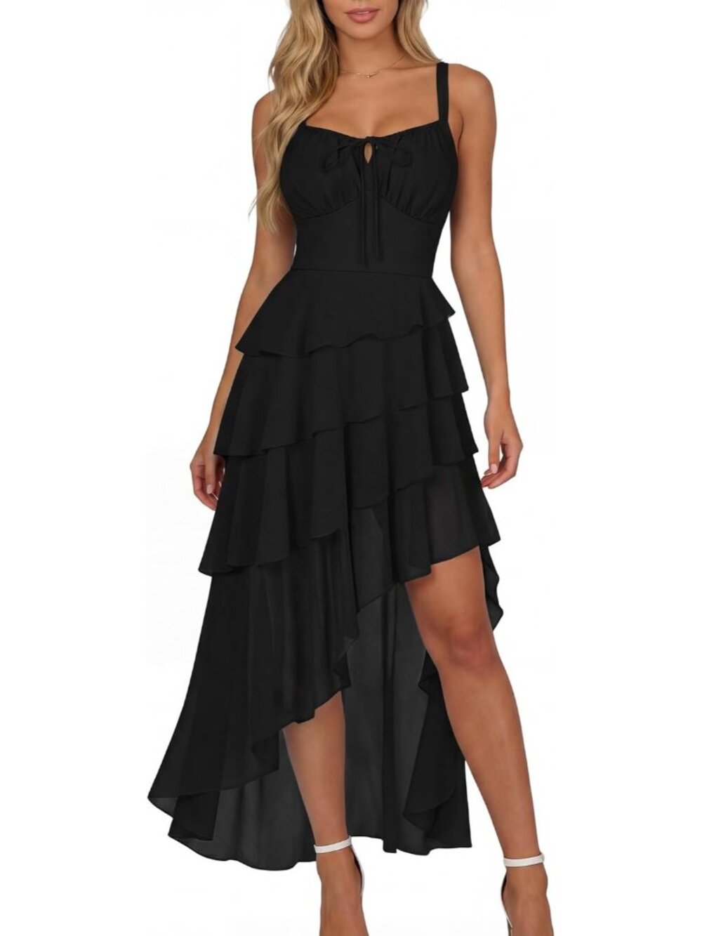 Women's Black Hi Low Layer Ruffle Tie Ruched Chiffon Cocktail Maxi Dress